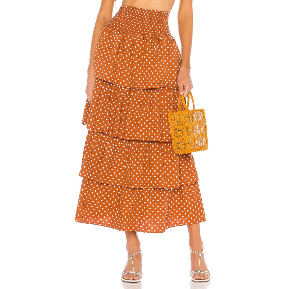 NEW WeWoreWhat Cotton Polka Dot Tiered Ruffle Midi Skirt Brown Women's Size XL